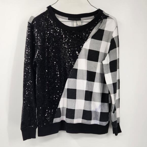 Cato Black and White Sparkly Sequin Plaid Sweater Womens Size Extra Small XS - Picture 1 of 4